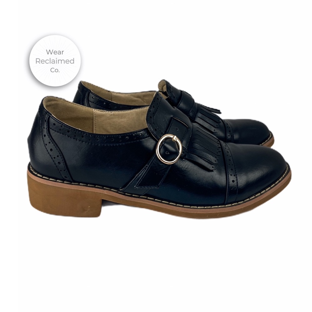 Black Vegan Leather Buckled Derby Shoes